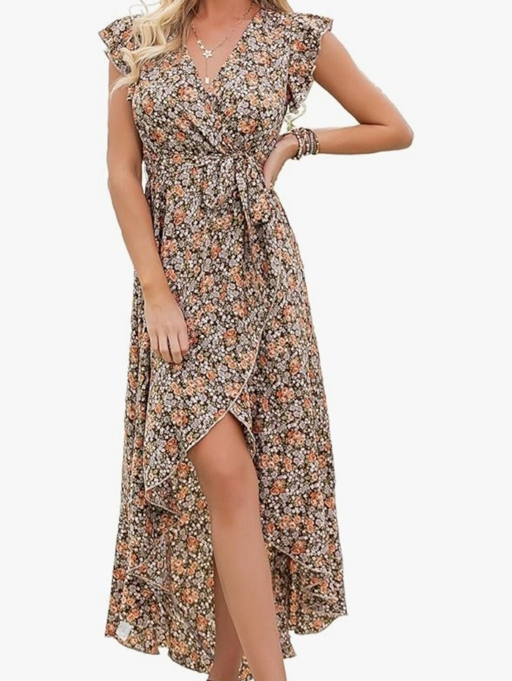 Floral Wrap Maxi Dress in Brown and Orange